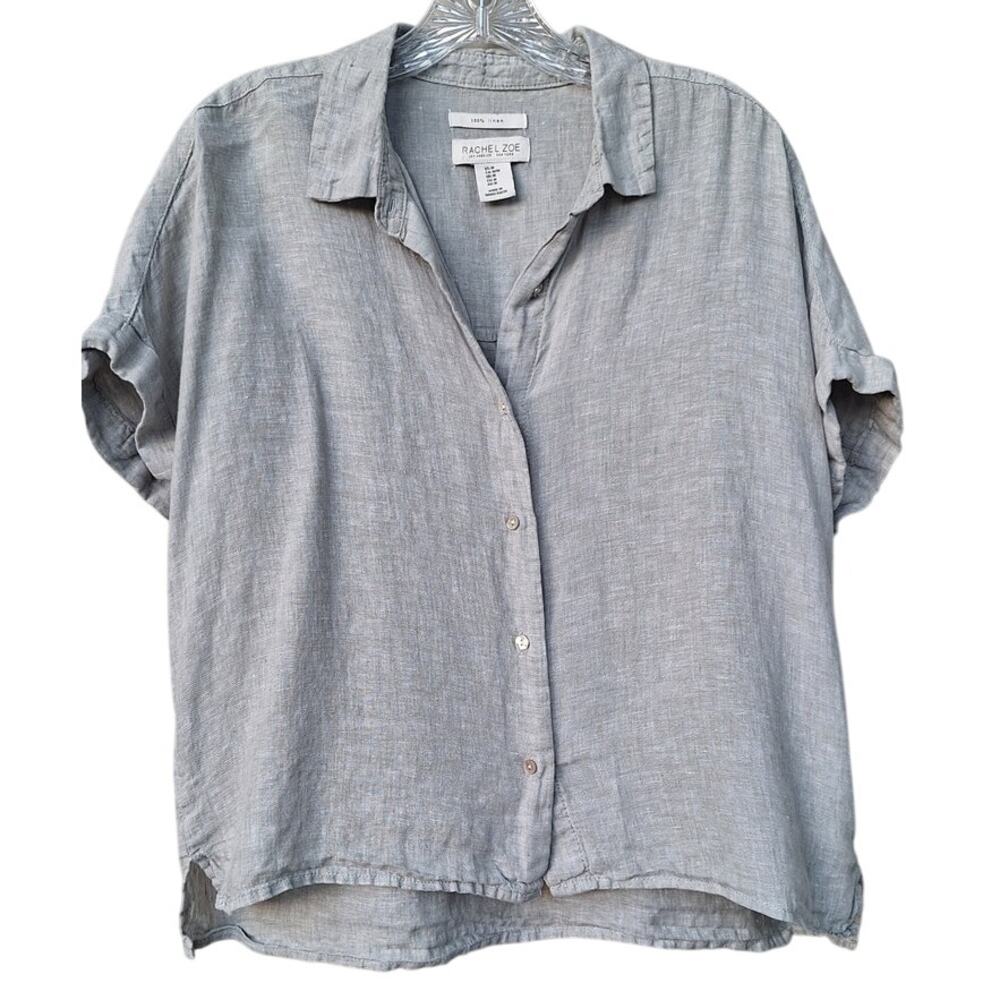 Rachel Zoe 100% Linen Short Sleeves Gray Green Shirt Top Mother Pearl Buttons M